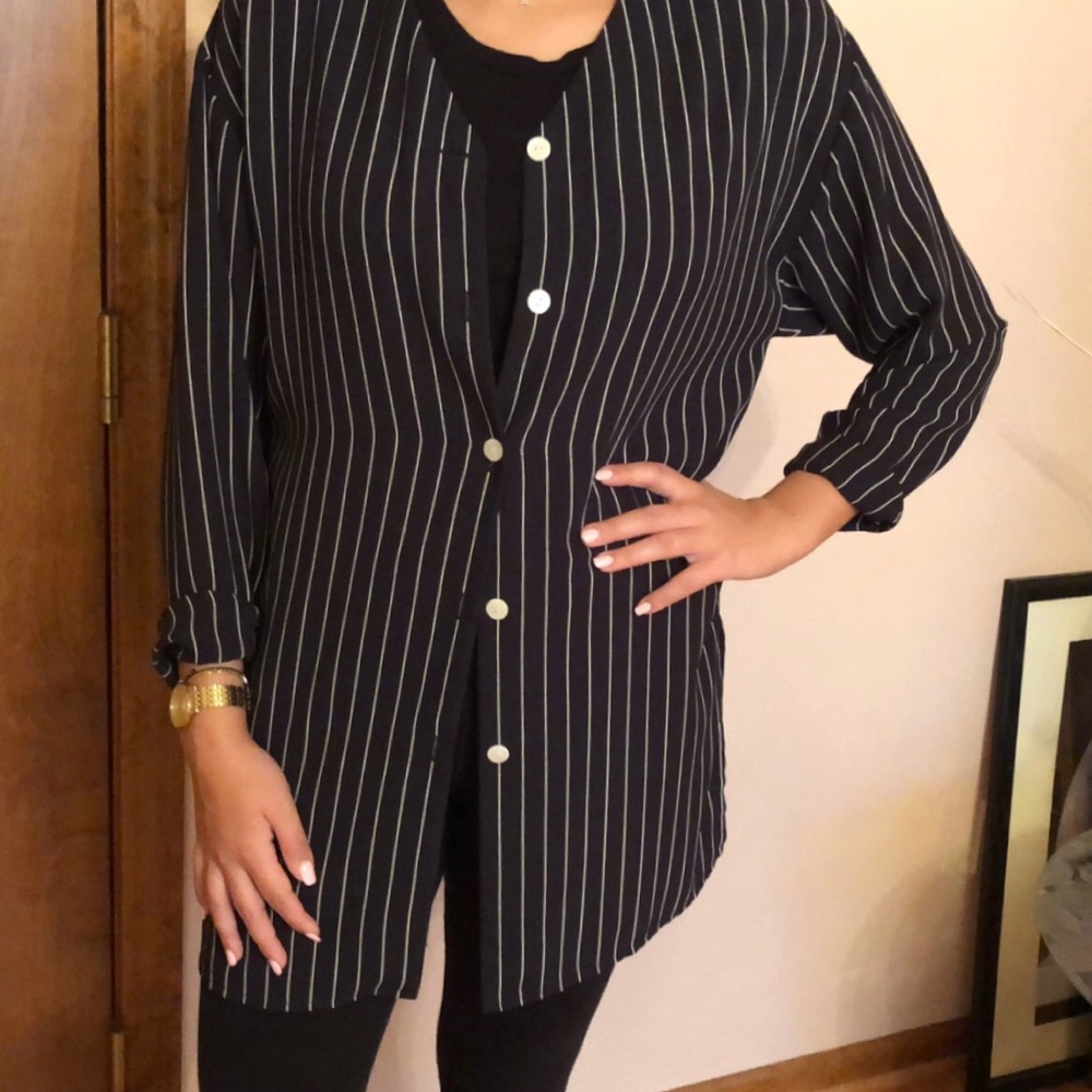 Black and white striped blazer throw on